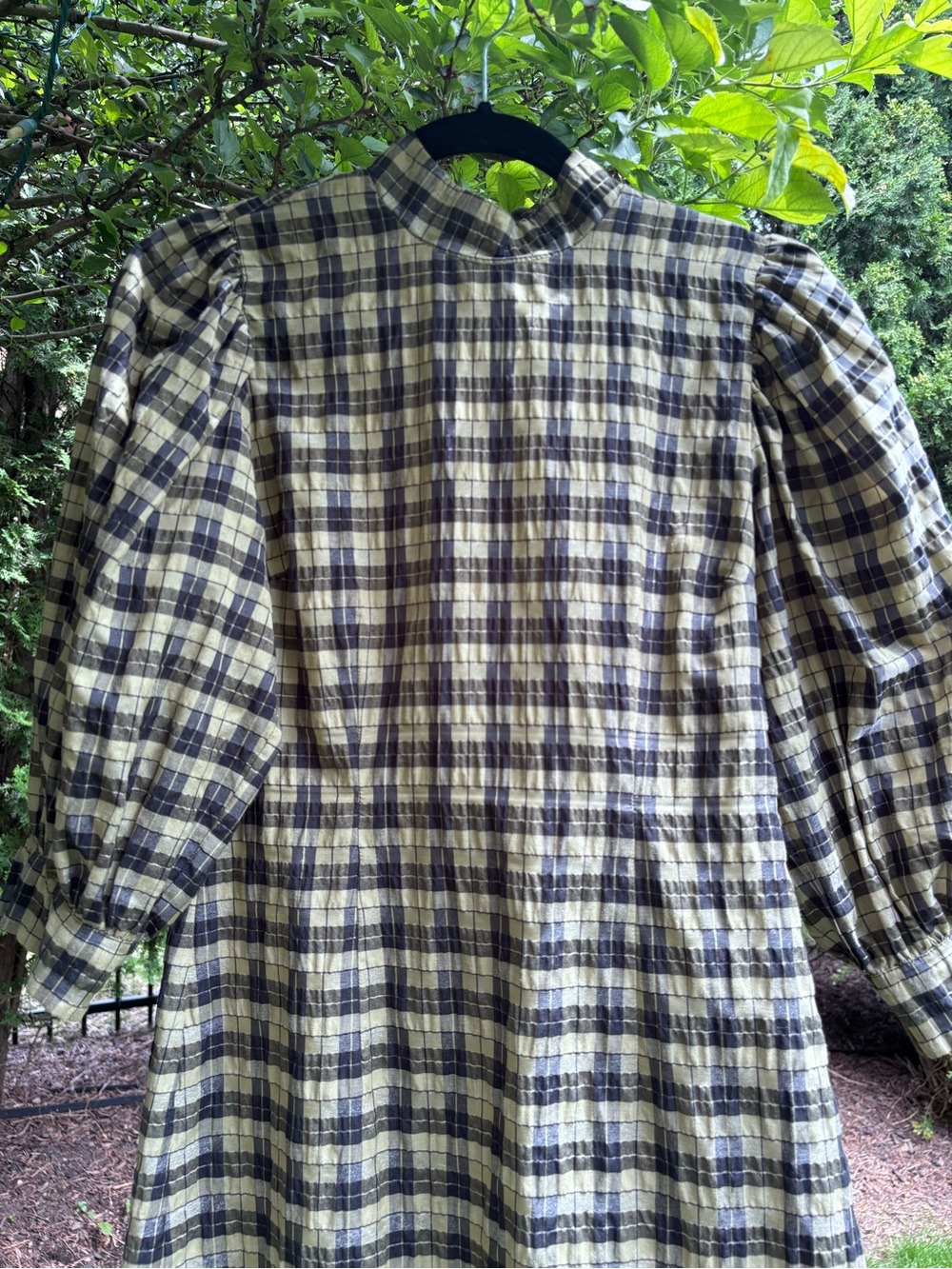 Ganni Seersucker Plaid Puff-Sleeve Mini Dress - Picture 6 of 7
